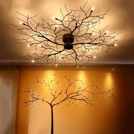 36 Inch 8-Lights Branch Shaped Creative Retro Style Flower Vine Ceiling Light Fixtures for For bedroom use Ceiling lamp Handmade Branches ceiling lamp Black Close to Ceiling Light Flush Mount Fixture