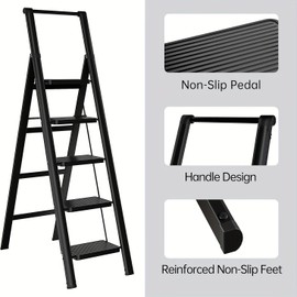 Dithoko 5 Step Ladder, 300 lbs Folding Step Stool with Wide Anti-Slip Pedal, Portable Steel Ladder Home, Kitchen and Office (Black)