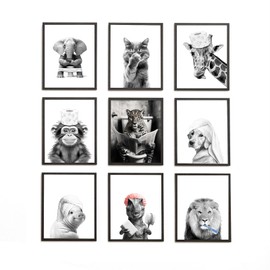 Funny Bathroom Wall Art Set of 9 - Black and White Wall Art Animal Bathroom Wall Decor,Cute Animal Canvas Art Prints,Funny Bathroom Decor Wall Art Retro Funny Bathroom Signs for Wall,Unframed,8x10inch