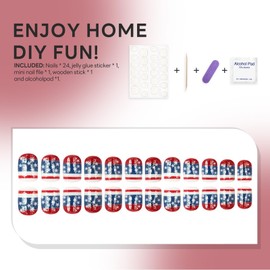 Independence Day Press on Nails Glitter Red White & Blue Fake Nails with Stars designs Coffin French Tip False Manicure Full Cover Artificial Manicure for Women Patriotic Decor 24 Pcs