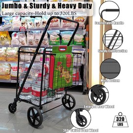Folding Shopping Cart for Groceries, Jumbo Double Basket Shopping Cart with 360° Swivel Wheels & Waterproof Bag, Portable Heavy Duty Grocery Cart for Shopping Laundry-Hold Up to 320 LBS
