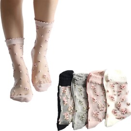 FASELE Women's Summer Socks Set, Cute, Lace, Floral, Checked, Striped, Transparent, Women’s Socks, Stylish, Thin, Cute, For Spring and Summer, Odor Resistant, No Stuffy, 8.7 - 9.8 inches (22 - 25 cm),