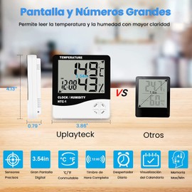 Uplayteck Termómetro Higrómetro Digital - Termohigrómetro de Interior Medidor de Temperatura y Humedad con Función Reloj y Alarma