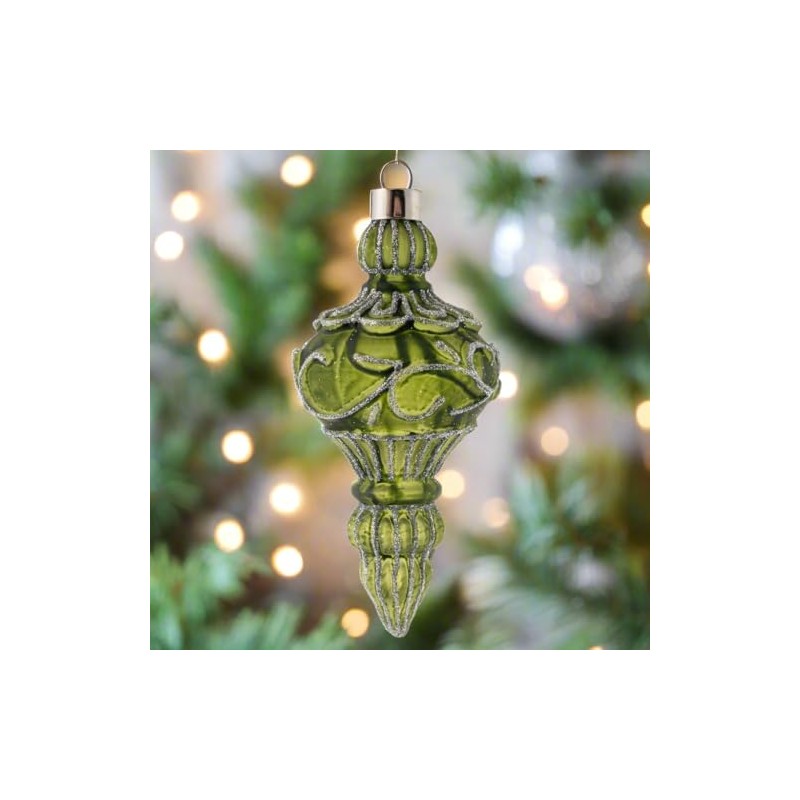 Karma, Christmas Hanging Ornament, Silver Glitter Leaf Scroll Glass Finial