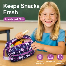 Bagseri Kids Snack Bag Girls - Reusable and Insulated Lunch Bag for Girls, Collapsible Small Lunch Box with Buckle Handle for School and Daycare, Deep Purple Unicorn