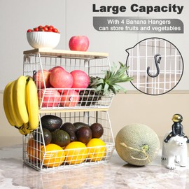 Mefirt Fruit Basket, 2-Tier Bowl for Kitchen Counter, Stackable Wall Mounted Storage, Snack Organizer, Potato & Onion Storage Hanging Pantry with Wood Lid, 2 Set, White, Rustic Brown