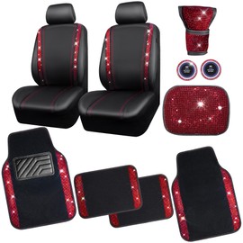 CAR PASS Rhinestone Red Bling Diamond Car Seat Covers Leather Black & Shining Car Floor mats Carpet with Anti-Slip Nibs& Bling Diamond Car Accessories Sets Glitter Sparkly Universal fit for 95% car
