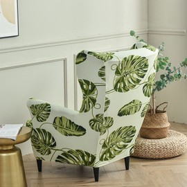 Highdi 2-Piece Wing Chair Cover, Armchair Throws, Wing Chair Protective Covers, Elastic Stretch Tiger Chair Cover with Armrest, High Backrest, Universal (Green Leaf)