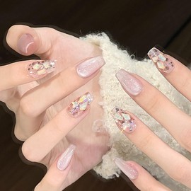 Pure Handmade Nails Press on Nail Reusable Fake Nails Pink&Purple Cat'sEye Rhinestones Bling Bling Nude Medium Stick on Nails French Tip False Nails 10pcs (M, Q268)