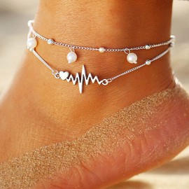 Clataly Double Layer Electrocardiogram Anklet Bracelets Silver Heartbeat Pearl Anklets Adjustable Foot Chain Beach Summer Jewelry for Women Girls