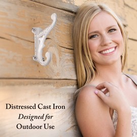 Rustic Cast Iron Coat Hooks (3 Pack) Antique White, Wall Mounted, Farmhouse Decorative, Heavy Duty Wall Hooks for Hanging Coats, Hats, Towels (Mounting Hardware Included)