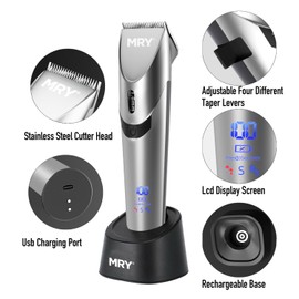 MRY Cordless Hair Clippers for Barber Clippers Professional Waterproof LCD Hair Clippers Stainless Steel Blade USB Rechargeable for Men Women Hair Cutting (Silver Color)