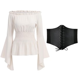 Odizli Medieval Clothing Women's Gothic Steampunk Long Sleeve Off Shoulder Corset Top + Belt Victorian Renaissance Costume, White+Belt