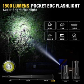 urFlamp High Lumens Flashlight, 1500 Lumens Ultra-Bright, Compact & Powerful LED Spotlight, USB-C Rechargeable, IP68 Waterproof, 663m Beam Distance