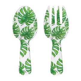 UPware 2-Piece 10.75 Inch Melamine Salad Server Serving Utensil Set Includes Salad Spoon and Salad Fork (Monstera)