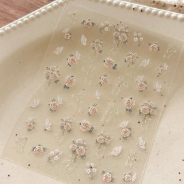 1 Sheet Pink Rose Nail Sticker Bouquet Bow Design Nail Art Decal 5D Embossed self-Adhesive Nail Design Sticker for Women DIY Spring Manicure Decoration Supplies