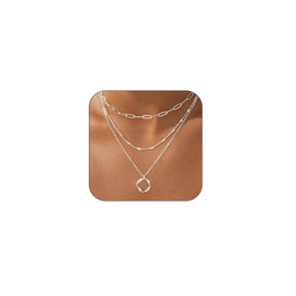 Layered Gold Necklaces for Women Stackable Dainty 14K Gold Silver Plated Trendy Circle Paperclip Pendant Choker Necklace Layering Beach Cute Fashion Pendant Choker Necklaces Trendy Jewelry Set Gifts for Women (Silver)
