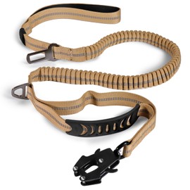 BOJLY Heavy Duty Tactical Bungee Dog Leash, 4-6FT No Pull Dog Leash with Quick Release Carabiner, Reflective Shock Absorbing Leashes with Car Seatbelt for Medium Large Dogs,Khaki