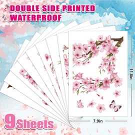 Whaline 9 Sheets Cherry Blossom Floral Window Clings Spring Glass Decals Pink Flower Bird Butterfly Reusable Window Decoration for Summer Party Home Classroom Office
