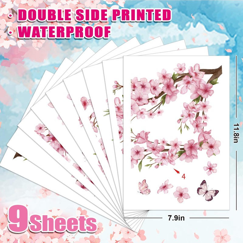 Whaline 9 Sheets Cherry Blossom Floral Window Clings Spring Glass