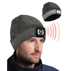 BERGWEISER LED Beanie with Light, 4 Adjustable Modes Motion Sensor Lights Indoor Outdoor With Removable Rechargeable USB, Christmas Gift for Men Women (Blk Heather Reflex)