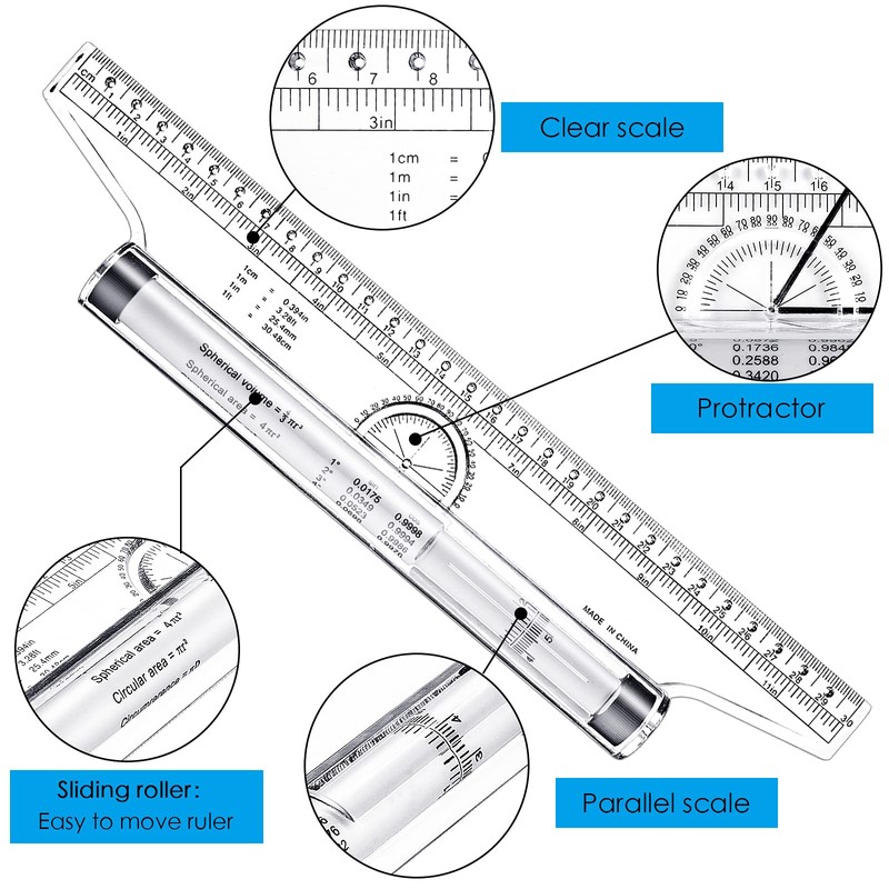 Frienda 2 Pieces Plastic Measuring Rolling Ruler Drawing Parallel Multifunctional