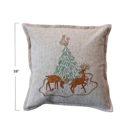 Creative Co-Op, Multicolor Square Linen Blend Printed Pillow with Tree, Deer, Embroidery and Beads
