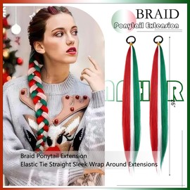 Braid Ponytail Extension with Hair Ties 26" Colored Braided Hair Extensions Braiding Colorful Straight Sleek Wrap Around Extensions Hair Ponytail Extension Christmas Hair Accessories (Red White Green)