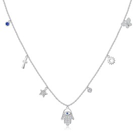 Flyow S925 Sterling Silver Evil Eye Necklaces Hamsa Necklace Lucky Protection Jewelry gift for Women