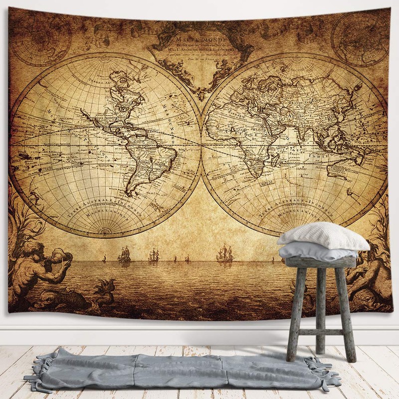 JAWO Medieval Compass Map Wall Hanging Decoration Tapestry, Metro Style,