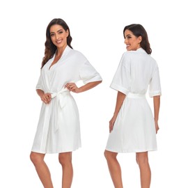 COLORFULLEAF Women's 100% Cotton Robes Summer Short Sleeve Bathrobe Knee Length Sleepwear with Pockets(White,XL)