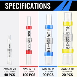 Sopoby 250PCS Insulated Waterproof Electrical Wire Terminals Heat Shrink Solder Butt Connectors Kit for Automotive Marine