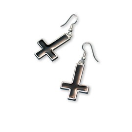 Inverted Black Cross Hand Painted Enamel on Silver Finish Pewter Earrings