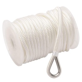 NovelBee 3/8 Inch X 200 Feet Double Braid Nylon Anchor Line with Stainless Steel Thimble and Plastic Chuck (White)