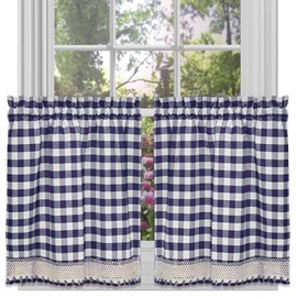 Achim Home Furnishings Tier Pair Buffalo Check Window Curtain, 58" x 24", Navy & Ivory