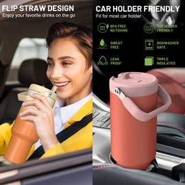 Cafezi 50oz Tumbler with Handle, Stainless Steel Water Bottles with Flip Straw and Top Handle, Leak Proof, Fits in Cup Holder, No Sweat, Cold for 30 Hours, Suitable for Home, Office, Outdoors, Car