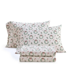 Martha Stewart - Flannel Sheets Queen Size, Anti-Pilling & Wrinkle Resistant Cotton, Touchably Soft for All-Season Comfort - Matching Pillowcases & Fitted Sheet (Wreaths & Mistletoe Green)