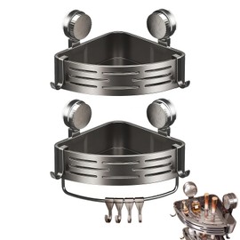ZHIYUEJING 2-Tier Suction Cup Shower Caddy,No Drilling Required,Shower Suction Shelf,For Kitchen, Bathroom,Storage Rack With 8 Hooks And 1 Towel Bar Gray