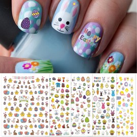 TailaiMei 10 Sheets Easter Nail Stickers, Self-Adhesive Rabbit Nail Art Decals for Women Girls DIY Nail Decorations, 3D Design for Eggs Bunny