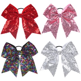 TUUXI 4pcs Large Glitter Cheer Bows 7 Inch Sequin Cheerleading Bows with Elastic Hair Ties Bands Ponytail Holder for Cheerleaders Softball Football Competition College Sport Red Pink Black White