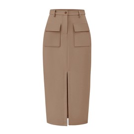 KIRUNDO Womens Midi Skirt 2025 Spring Summer High Waist Business Casual Work Office High Slit Pencil Cargo Skirt with Pockets(Light Khaki, X-Large)