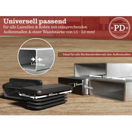 PD® Lamellar Plugs 60 x 20 mm for Square Tubes – End Caps Rectangular Made of PE Plastic – Pipe Plugs for Pipe Cover of Steel Pipe, Stainless Steel Tube, Aluminium Tube and Aluminium Profile –