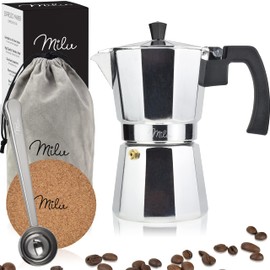 Milu Espresso Maker (No Induction) | 2, 3, 6, 9 Cups | Aluminium Mocha Pot, Espresso Pot, Espresso Maker Set Including Coaster, Spoon, Brush (Aluminium, 3 Cups (150 ml)