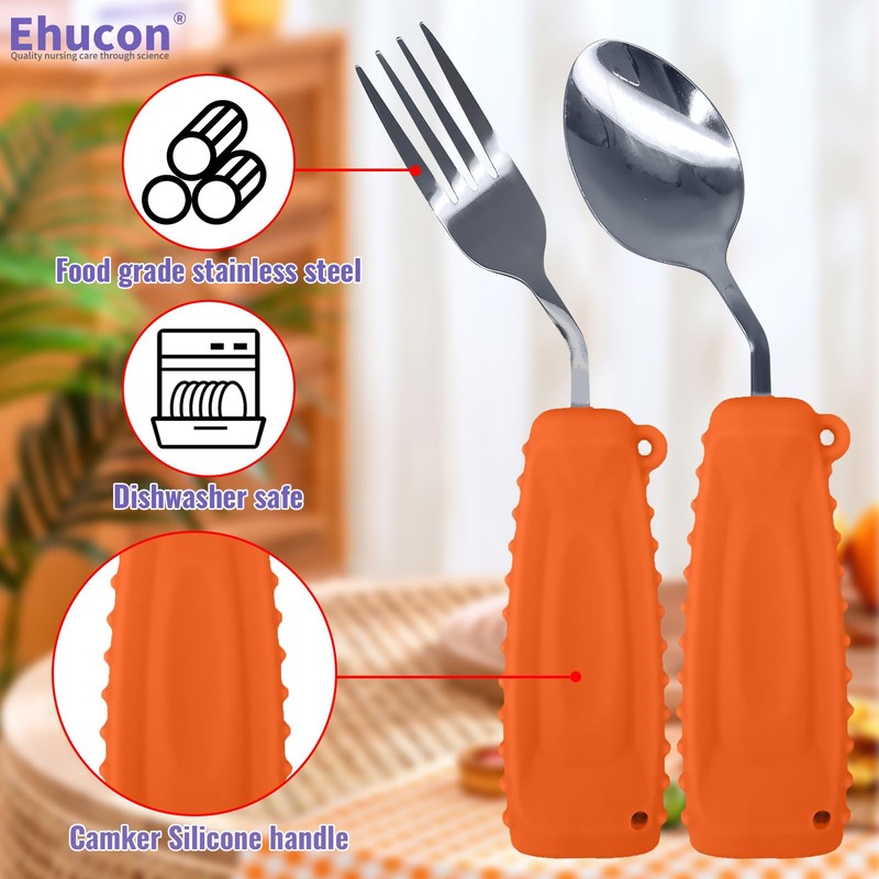 Ehucon Adaptive Utensils Angled Spoon and Fork for Hand Tremors