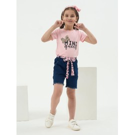 HSOXLQF Kids Toddler Girls Summer Clothes Leopard Butterfly Print T-Shirt + Belted Denim Jeans Shorts 3PCS Outfits(5-6T)