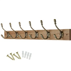 keypak Rustic Wall-Mounted Coat Rack 6 Hook Rail, 69cm, Handcrafted Dark Wood with Antique Brass Hooks for Coats, Towels & Bags