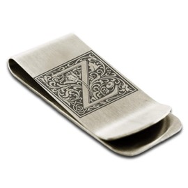 Stainless Steel Money Clip For Men Dad Boy Friend Father Floral Initial Letter Box Monogram Wallet Cash Card Holder, Gray-floral-z