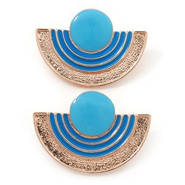 Light Blue Enamel Half Moon Egyptian Style Stud Earrings/Gold Tone/ 45mm W