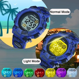 Facasu Camo Sports Watch for Boys-Waterproof Kids Digital Watch with Colorful Light, Alarm&Snooze,Stopwatch Military Design Silicone Band Gift for Birthdays,Christmas(8+ Years)