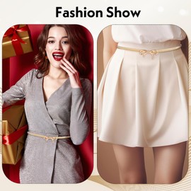 YUXMU Slim Elastic Belt with Gold Bow, Stretchy Belt with Metal Chain, Adjustable Waist Belt for Women and Girls, Dresses, Jeans, Formal Casual Wear